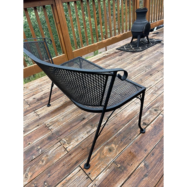 Russell Woodard Mid-Century Woodard Wrought Iron Mesh Patio Loveseat Settee For Sale - Image 4 of 7