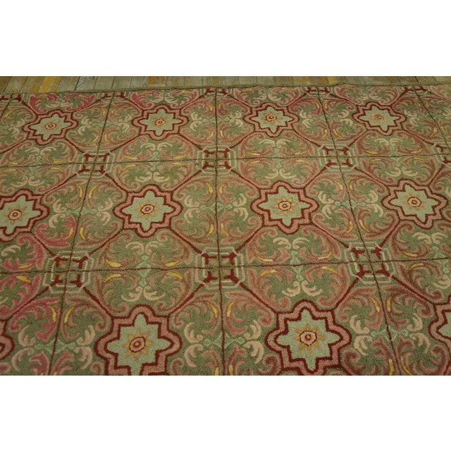 Textile Special Green Asparagus Color With Classic Geometric Design Antique American Hooked Rug For Sale - Image 7 of 9