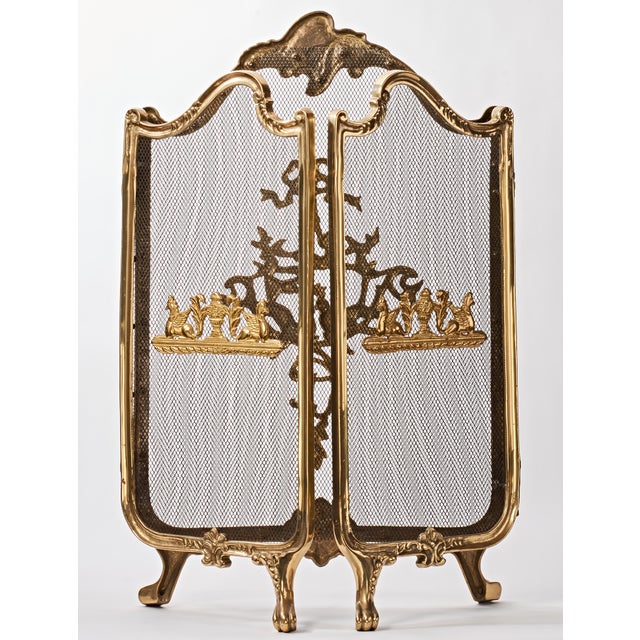 French Vintage Louis XV Style Solid Brass Three Panel Fire Screen For Sale - Image 3 of 4