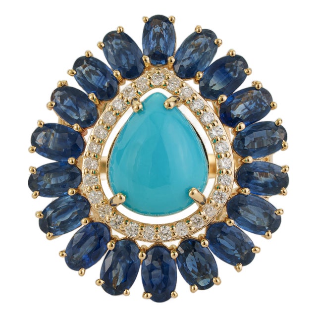 14k Yellow Gold 8.41ct Turquoise, Blue Sapphire & Diamond Floral Art Deco Ring Size 6.5 For Sale