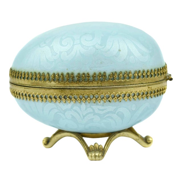Early 20th Century Robin Blue Evans Guilloche Enamel & Brass Egg-Shaped Box For Sale