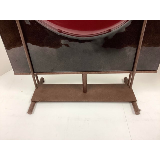 Ruby Red Signed Sculptural Art Glass Vase on Iron Stand For Sale - Image 8 of 10
