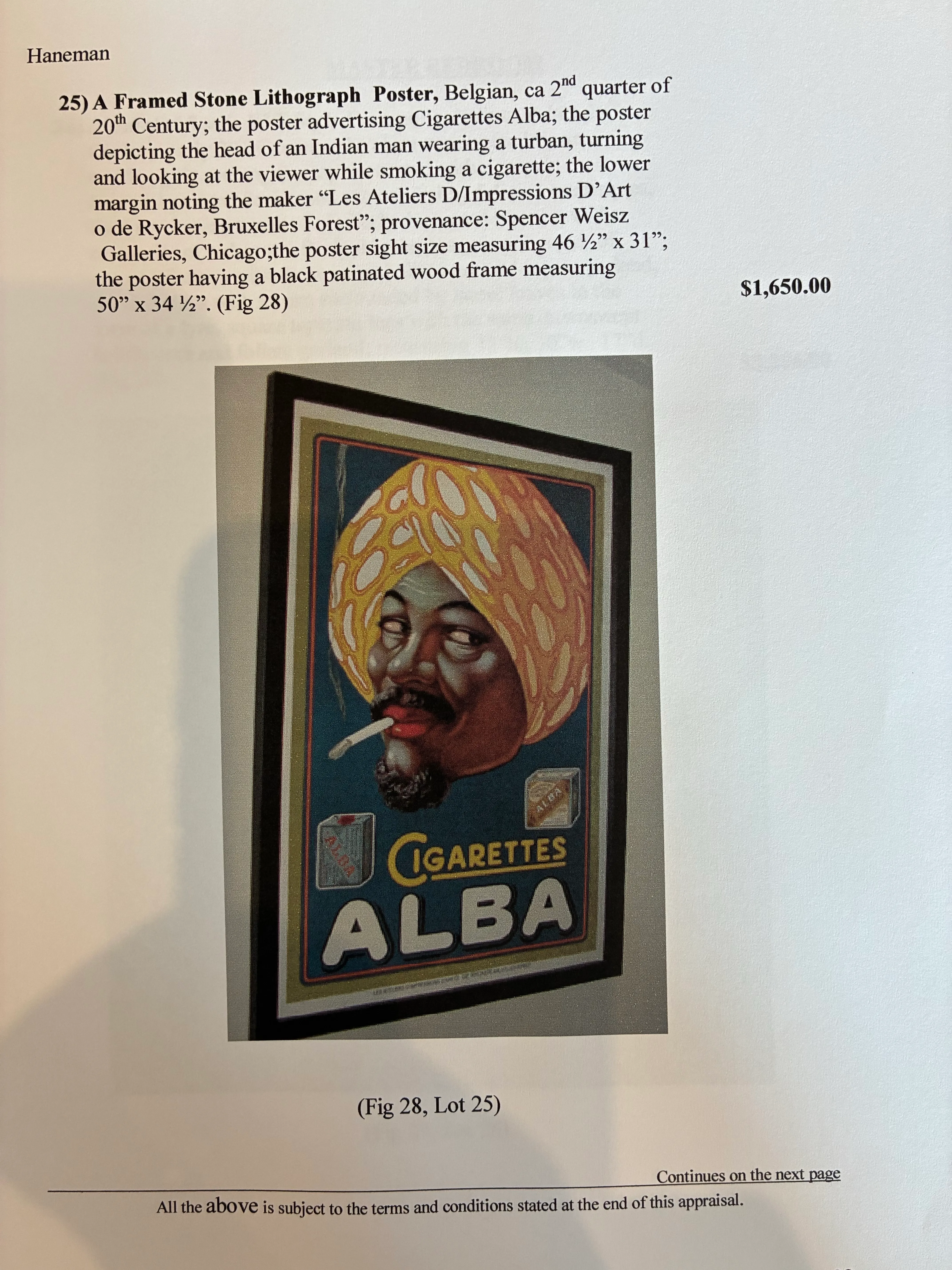 Mid 20th Century Belgian “Cigarettes Alba” Stone Lithograph Poster