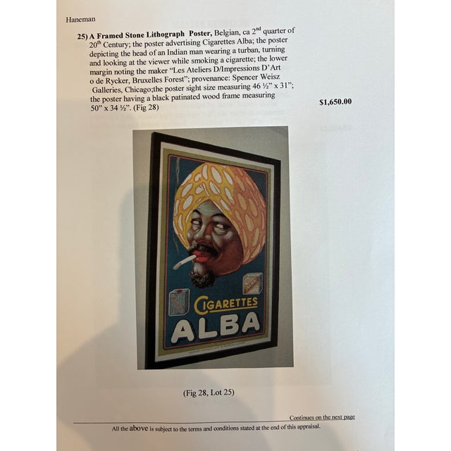 A bold mid-20th century Belgian stone lithograph advertising Cigarettes Alba, featuring a stylized portrait of a turbaned...