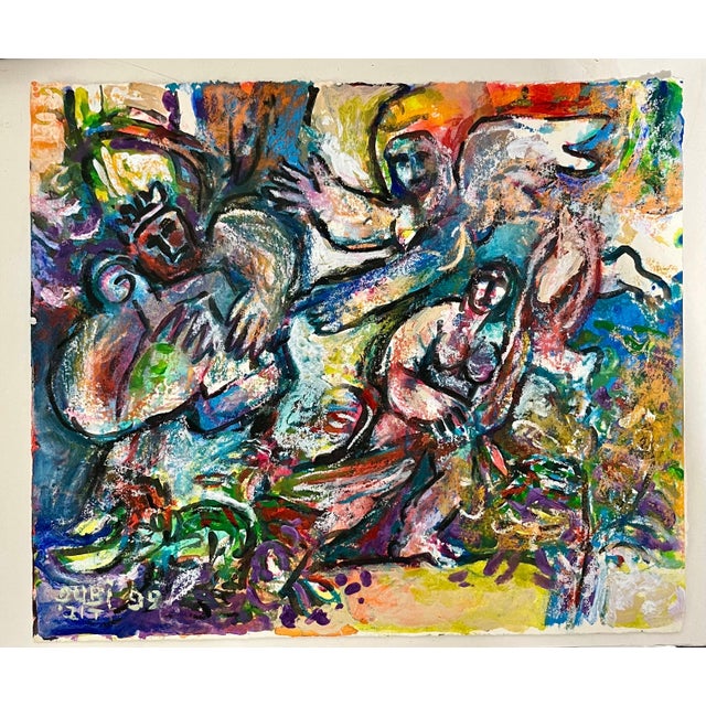 Dubi Arie (born Poland, 1939) "A Song in the Garden" Original mixed media on paper painting, Hand signed and dated lower...