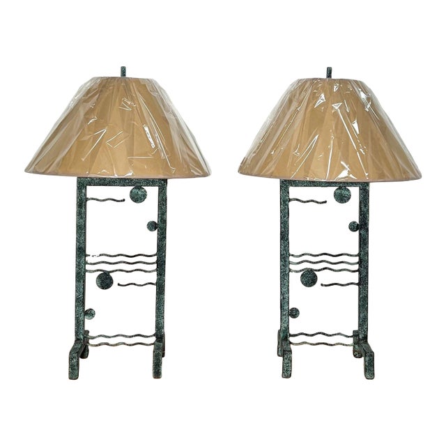 Postmodern Wavy Iron Verdigris Table Lamps - A Pair For Sale