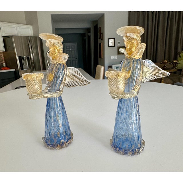 Pair Murano Venetian Blue & Gold Glass Angel Candle Holders For Sale In Palm Springs - Image 6 of 12