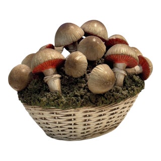 Vintage Italian Tromp l'Oeil Hand-Painted Woven Ceramic Basket of Mushrooms For Sale