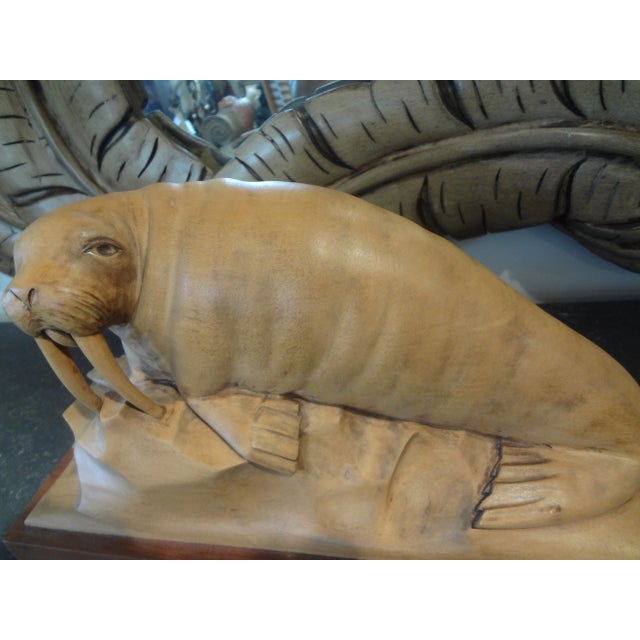 French Art Deco Carved Wood Walrus Sculpture, Signed Martini For Sale - Image 10 of 11