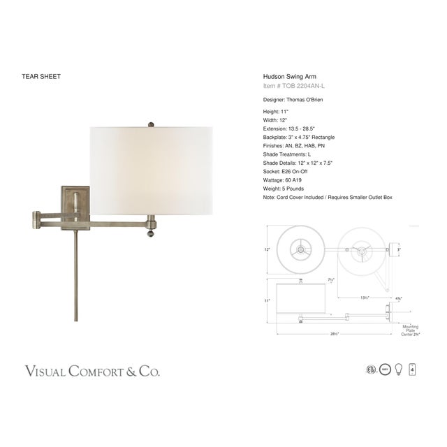 Modern Thomas O'Brien for Visual Comfort Signature Hudson Swing Arm in Antique Nickel with Linen Shade For Sale - Image 3 of 4