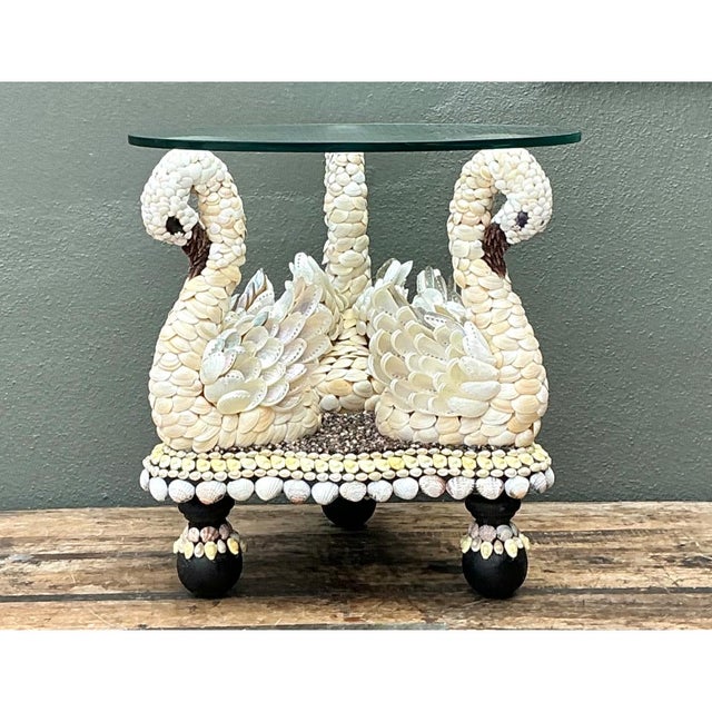 Vintage Shell Encrusted Wood Swan Table For Sale In West Palm - Image 6 of 13