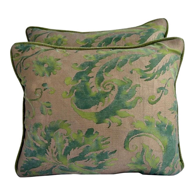 Pair of Fortuny Printed Textile Pillows in Emerald and Celadon Green For Sale