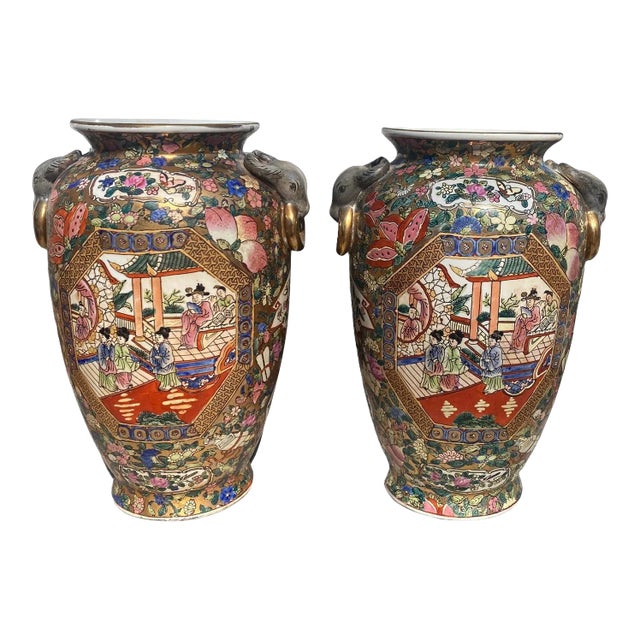 Late 20th Century Chinese Hand-Painted Porcelain Urn Vases With Bull Head Handles Design - a Pair For Sale