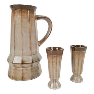 Cubist Studio Pottery Pitcher and Cups, 1950s, Set of 3 For Sale