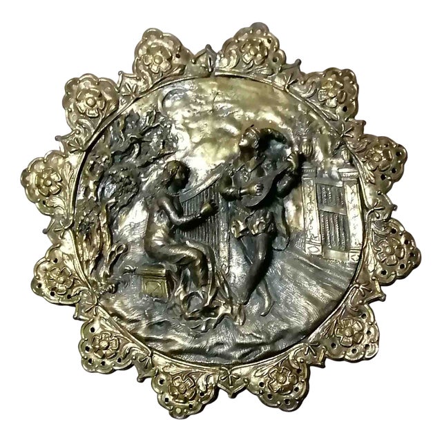 Embossed Bronze Plate with Musicians and Minstrel Decor For Sale