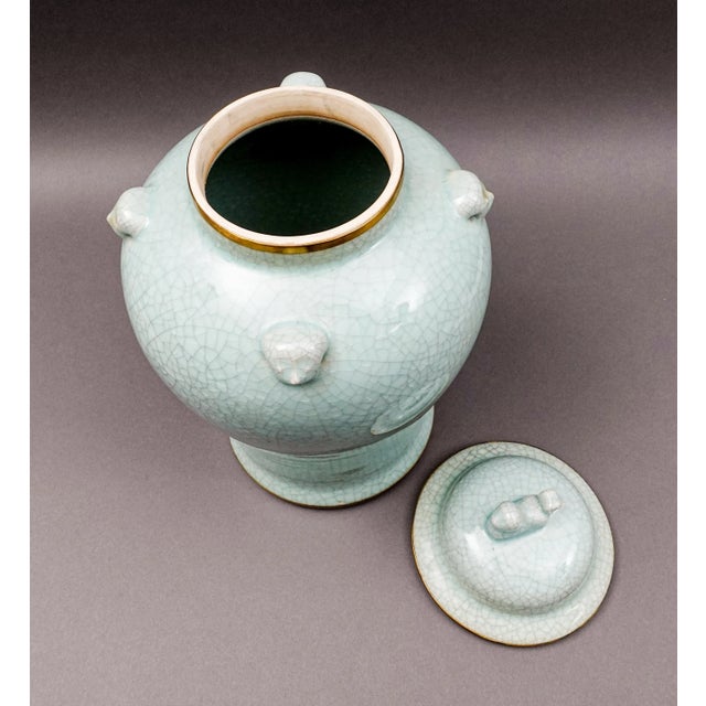 Ceramic Mid 20th Century Maitland Smith Celadon Crackle Glazed Porcelain Foo Dogs Large Lidded Ginger Jar For Sale - Image 7 of 10