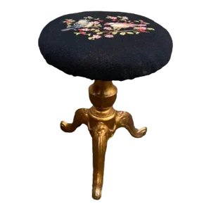 Early 20th Century Louis XV Style Petit Point Upholstered Cast Iron Base Stool