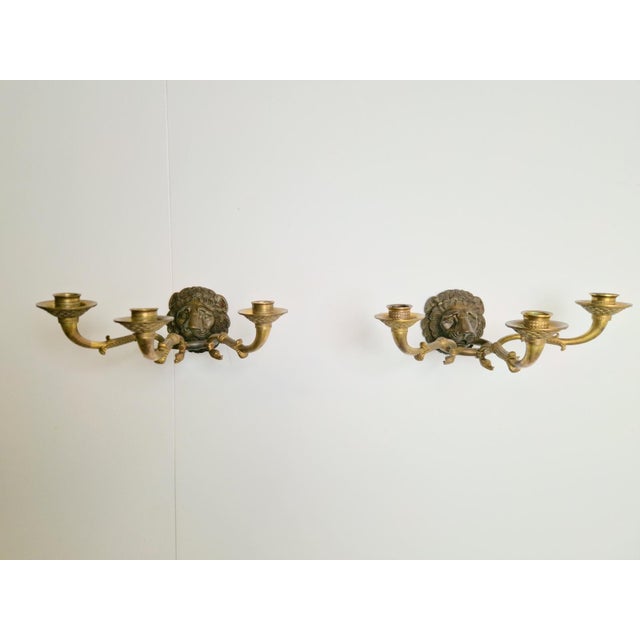 20th Century French Bronze & Brass Wall Sconces with Lion Heads, Set of 2 For Sale - Image 9 of 14