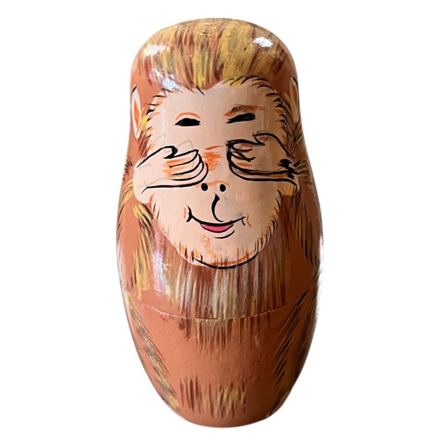 Jonathan Adler Vintage Hand-Painted Three Wise Monkeys Nesting Dolls With Banana, Set of 5 For Sale - Image 4 of 8