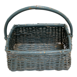 Rustic Vintage Blue Wooden Basket With Bamboo Handle
