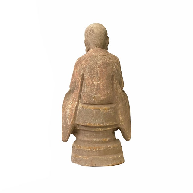 Chinese Rustic Distressed Finish Wood Lohon Monk Statue For Sale - Image 4 of 5