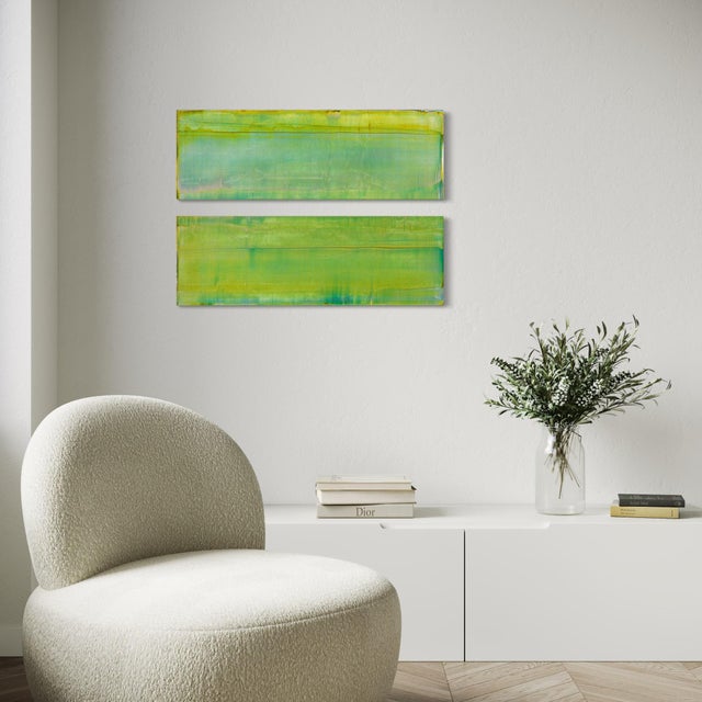 Two horizontal bands of chartreuse green stack across this diptych, rendered in Koury's shifting interference paint so the...