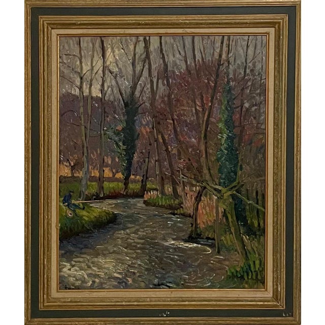 Mid 20th Century Albert Malet, French Post Impressionist Oil Painting Albert Malet Landscape With Man Fishing For Sale - Image 5 of 11