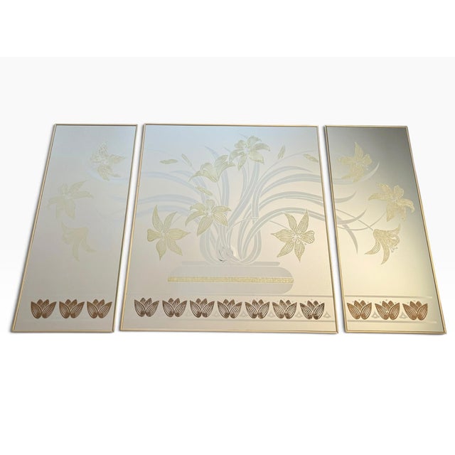 Hollywood Regency Vintage 1980s Etched Floral Triptych Mirror Wall Art in Gold Brass For Sale - Image 3 of 6