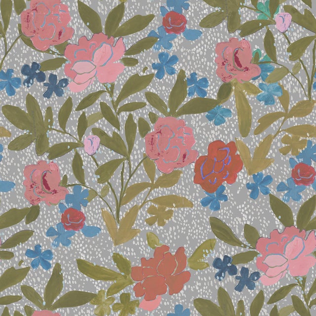 Sample - Floral Bouquet Wallpaper by Paule Marrot in Gray For Sale