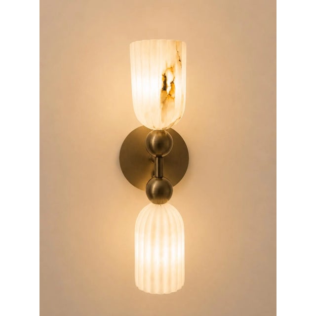Not Yet Made - Made To Order Luxury Alabaster Wall Sconce Set of 2, Handcrafted Solid Brass Double Cylinder Wall Sconce, Italian Marble Wall Lamp, Brass Double Light Fixture For Sale - Image 5 of 10