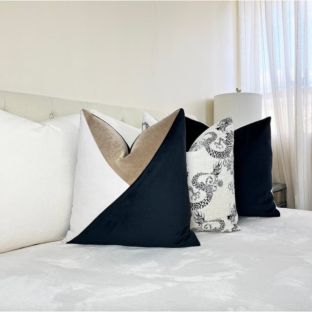 Mid-Century Modern Black Colorblock Velvet Throw Pillow With Feather Down Insert For Sale - Image 3 of 6