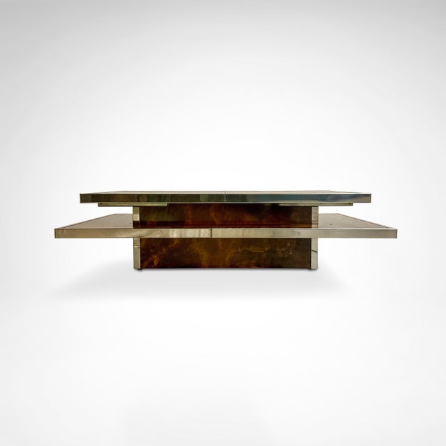 Wood Sliding Two-Tier Burl Wood and Metal Coffee Table with Integrated Bar, 1980s For Sale - Image 7 of 9