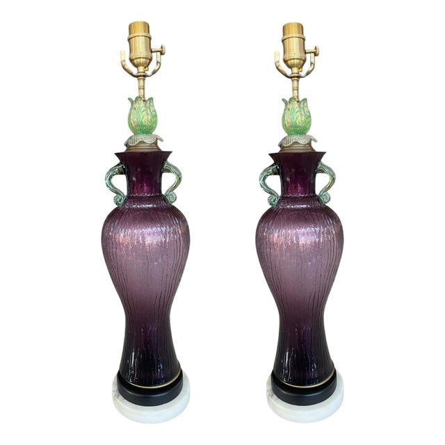 Italian Amethyst Art Glass Table Lamps, 1960s, Set of 2 For Sale