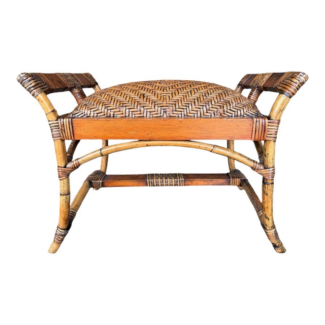 Vintage Palm Beach Woven Rattan & Bamboo Ottoman Foot Stool For Sale