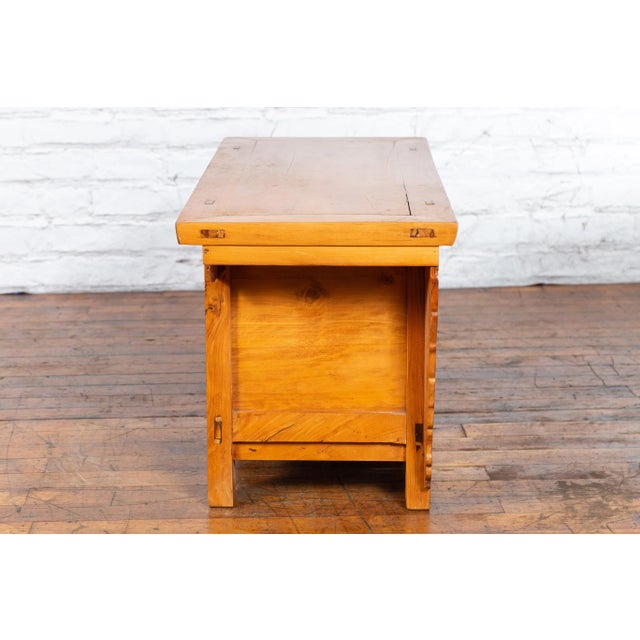 Antique Chinese Elm Wood & Bronze Hardware Carved Spandrel Sideboard For Sale In New York - Image 6 of 13