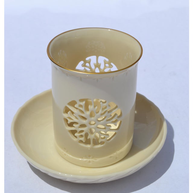 Tan 1960s Lenox Votive Snowflake Themed Candle Holder & Underplate Illuminations Collection For Sale - Image 8 of 13
