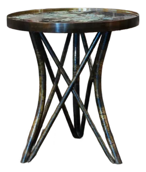 1960s Bronze "Shang Ti" End Table by Philip and Kelvin LaVerne With Blue Enamel Floral Motif