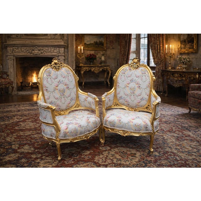 1970 French Louis XVI Gold Beech Damask Bergères - Pair For Sale - Image 11 of 14