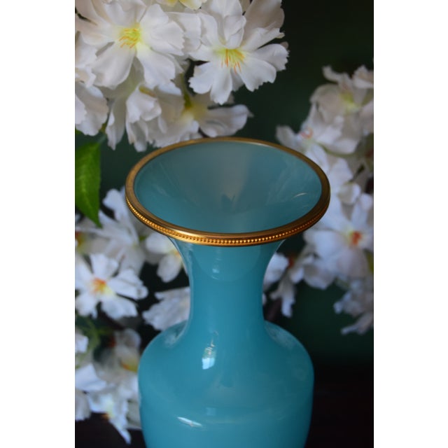 French Vintage French Blue Opaline Crystal Vase With Gilt Bronze Rim For Sale - Image 3 of 4