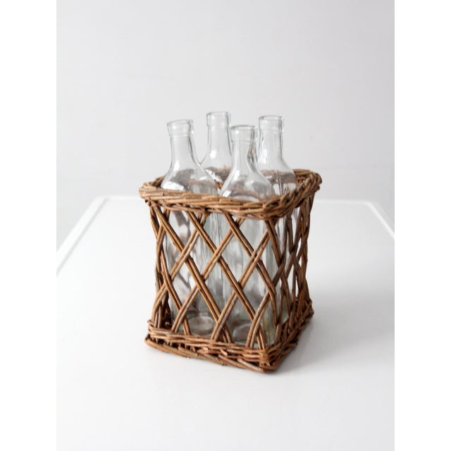 Wood Vintage Wicker Bottle Basket With Glass Bottles For Sale - Image 7 of 15