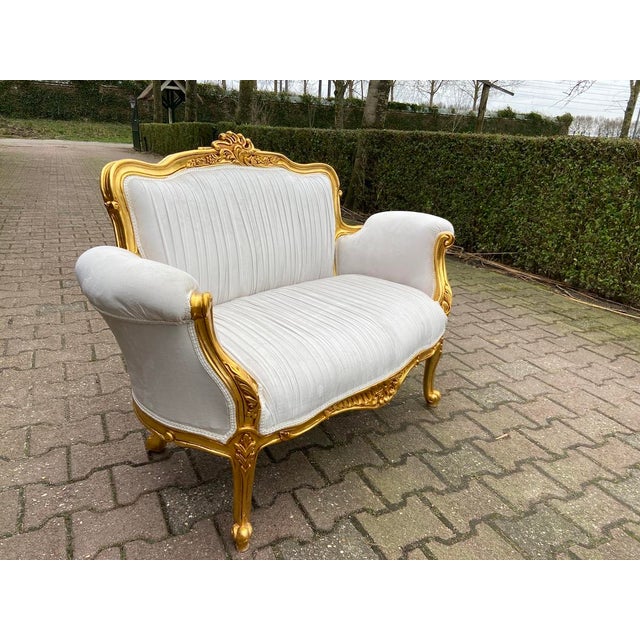Late 20th C French Louis XVI Off-White Velvet Gilt Beech Settee 1pc For Sale - Image 12 of 15