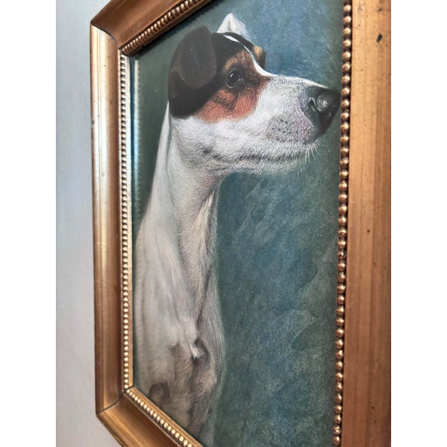 This antique dog portrait chromolithograph from the 1920s shows a terrier in side profile, with a calm and alert...