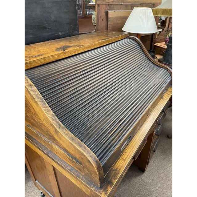American Antique Tiger Oak Roll Top Desk, Accordion Style, 5 Drawers, Solid Wood For Sale - Image 3 of 10