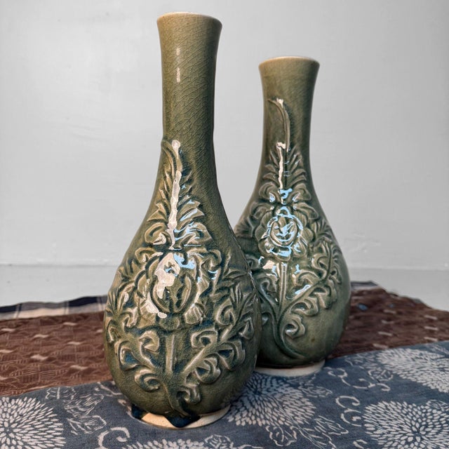 Celadon Ikebana Vases with Floral Relief by Noma Gazan, Japan, 1970s, Set of 2 For Sale - Image 14 of 17