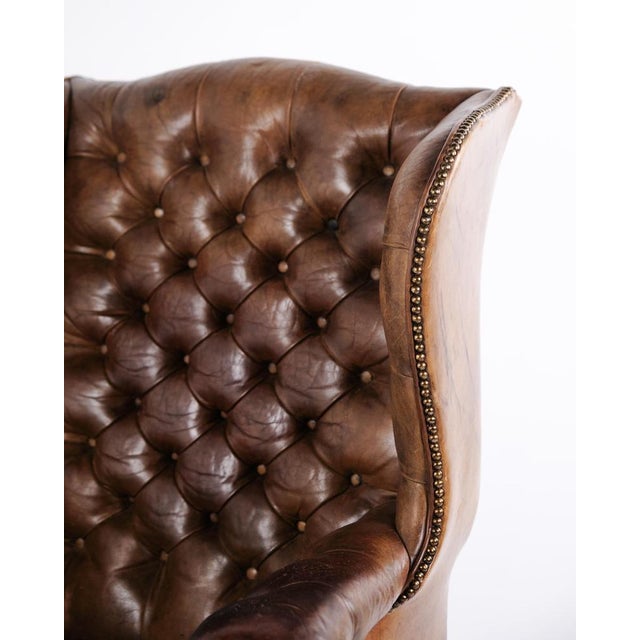 Set of George III Style Wingback Armchair and Ottoman in Brown Leather, 1890s For Sale - Image 9 of 15