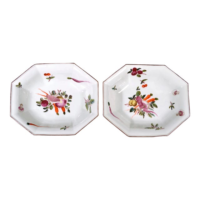 Antique Chelsea Porcelain Dishes Painted With Vegetables For Sale