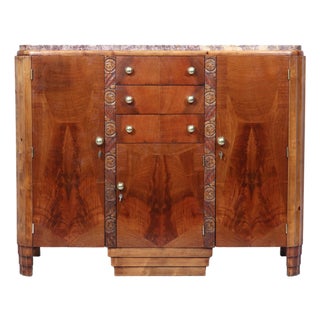 Art Deco French Walnut Sideboard with Marble Top, 1930s For Sale