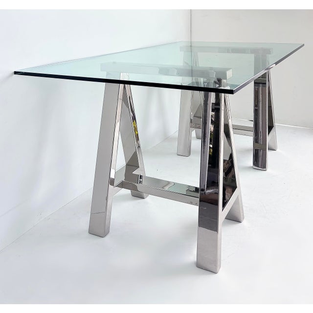 Modern Williams Sonoma Home "Mason" Sawhorse Glass Top Table/Writing Desk For Sale - Image 3 of 15