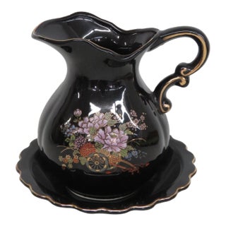 Ceramic Pitcher With Matching Underplate 2pc Set Black With Gold Gilt Trim 5029b For Sale