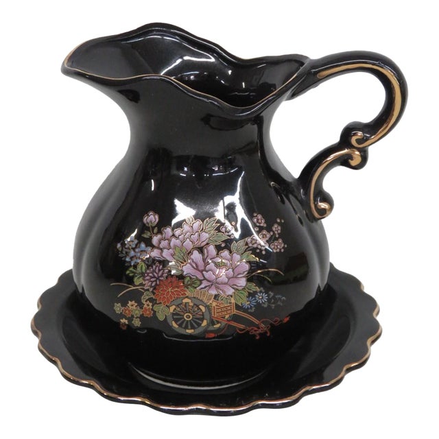 Ceramic Pitcher With Matching Underplate 2pc Set Black With Gold Gilt Trim 5029b For Sale